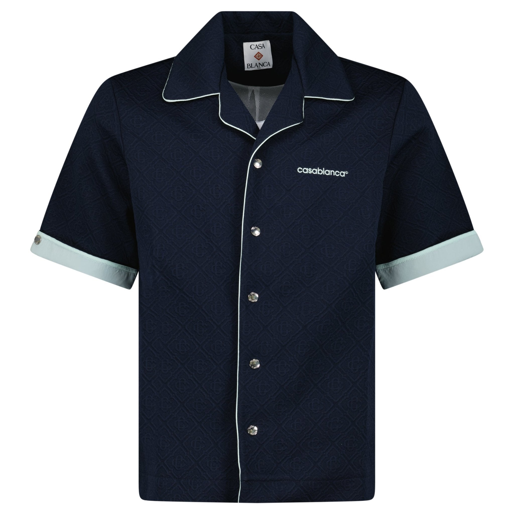 Casablanca Monogram Jacquard Knit Short Sleeve Shirt in Navy Blue