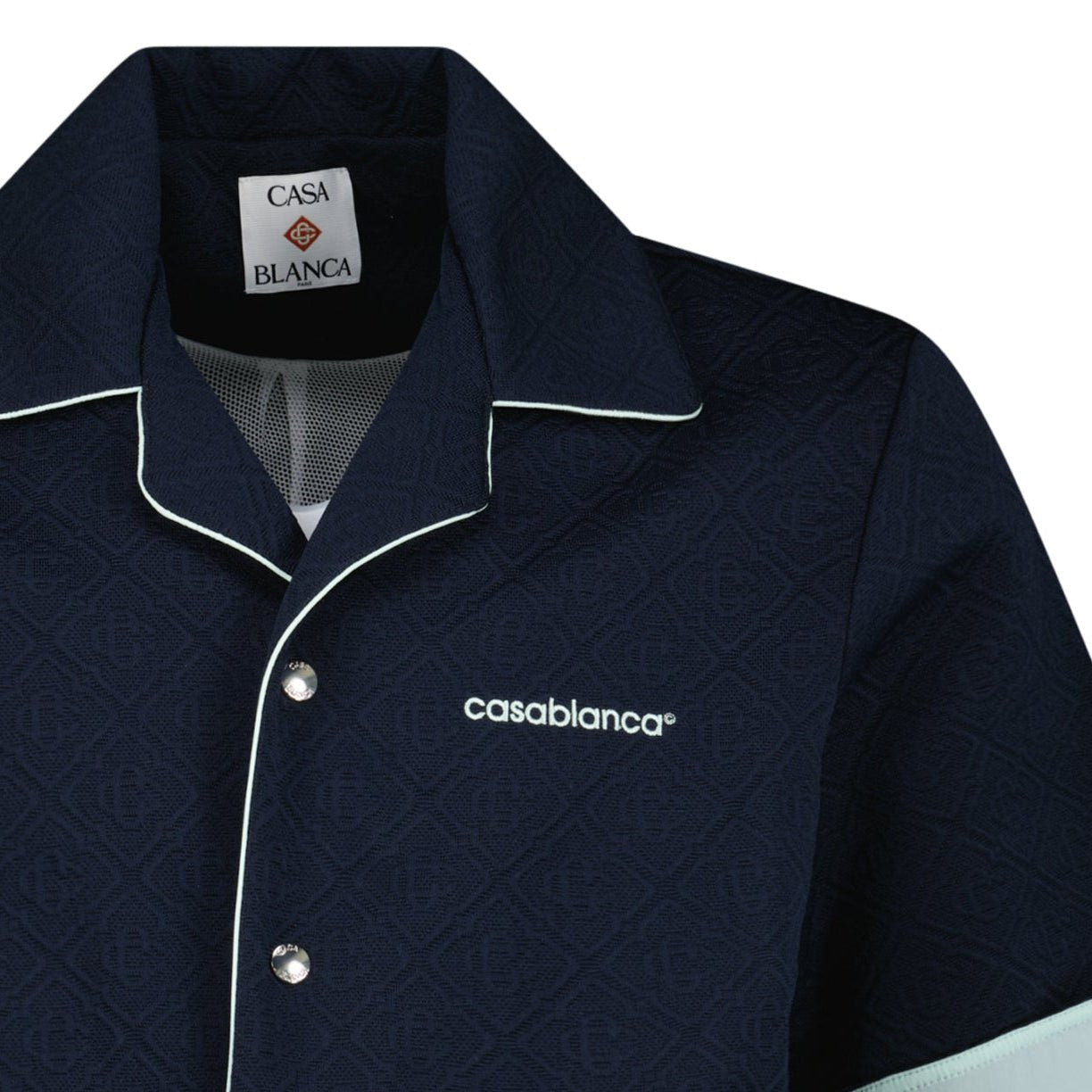 Casablanca Monogram Jacquard Knit Short Sleeve Shirt in Navy Blue
