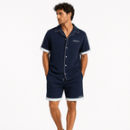Casablanca Monogram Jacquard Knit Short Sleeve Shirt in Navy Blue