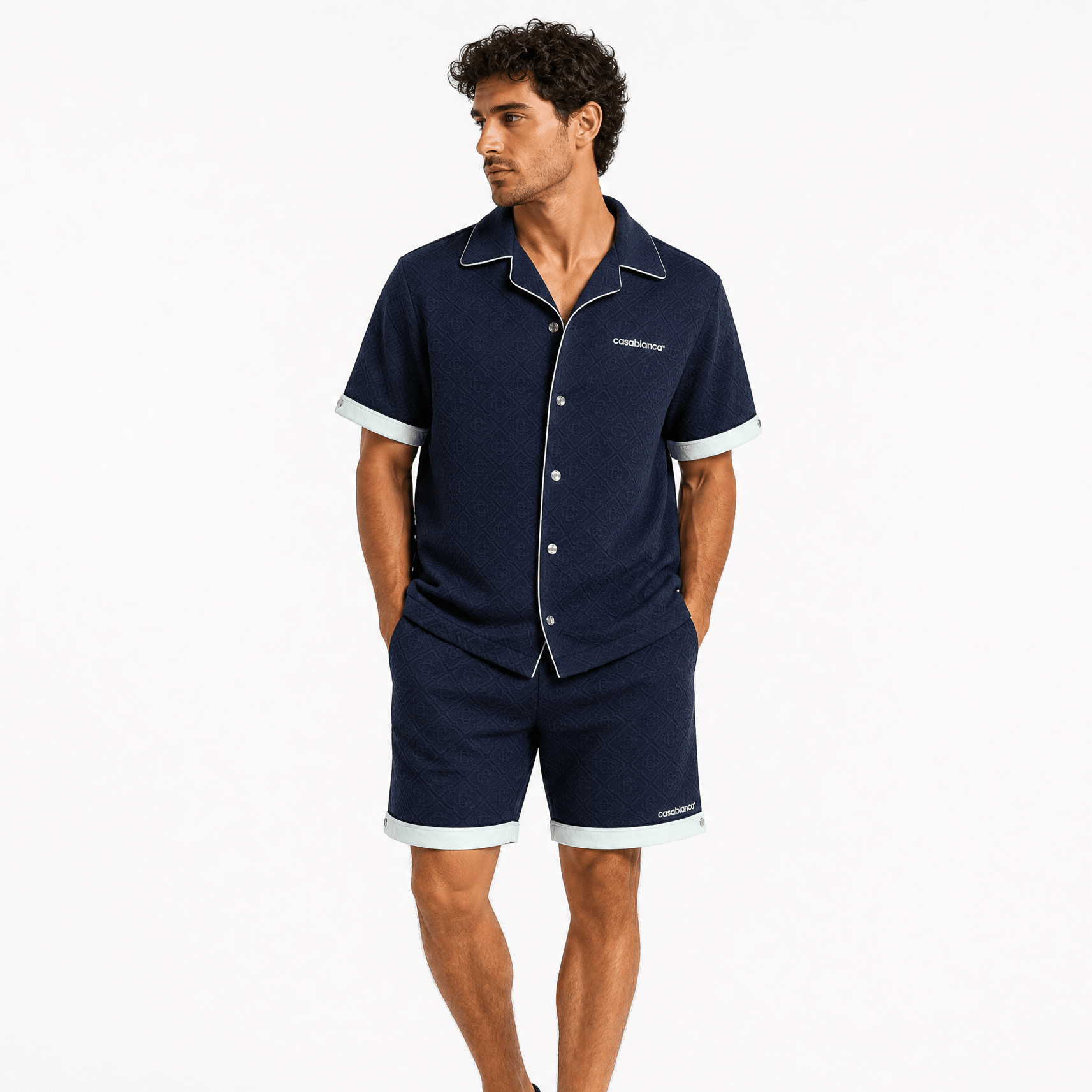 Casablanca Monogram Jacquard Knit Short Sleeve Shirt in Navy Blue