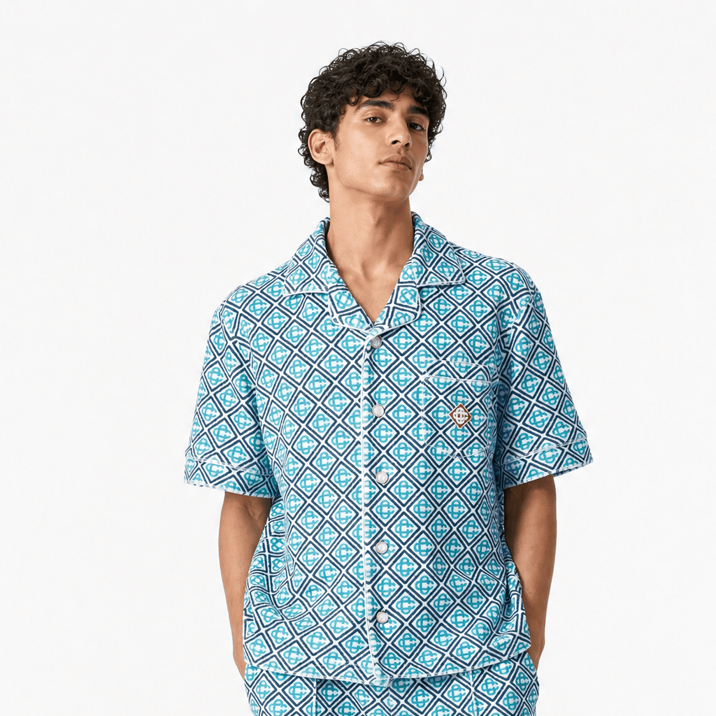 Casablanca Monogram Short Sleeve Towelling Shirt in Turquoise Green