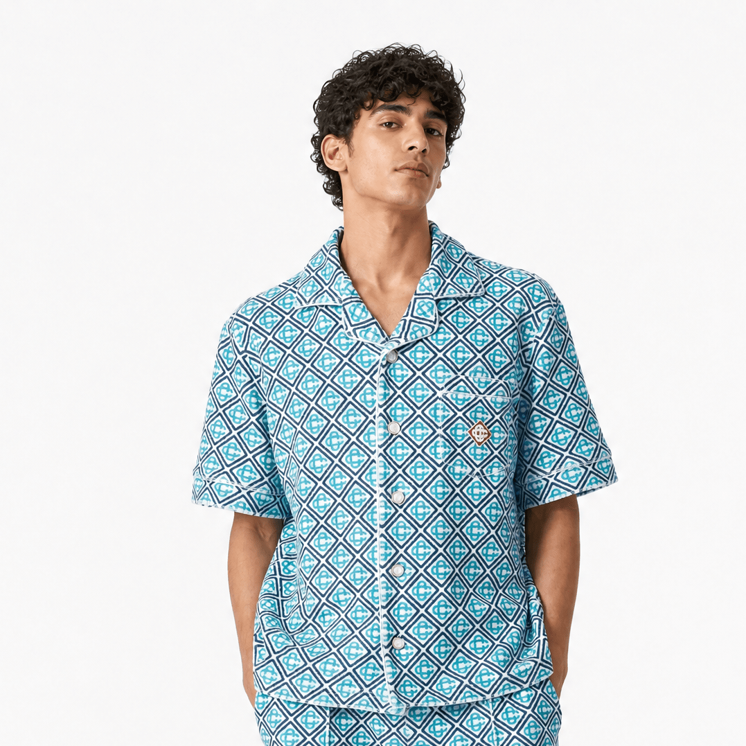 Casablanca Monogram Short Sleeve Towelling Shirt in Turquoise Green