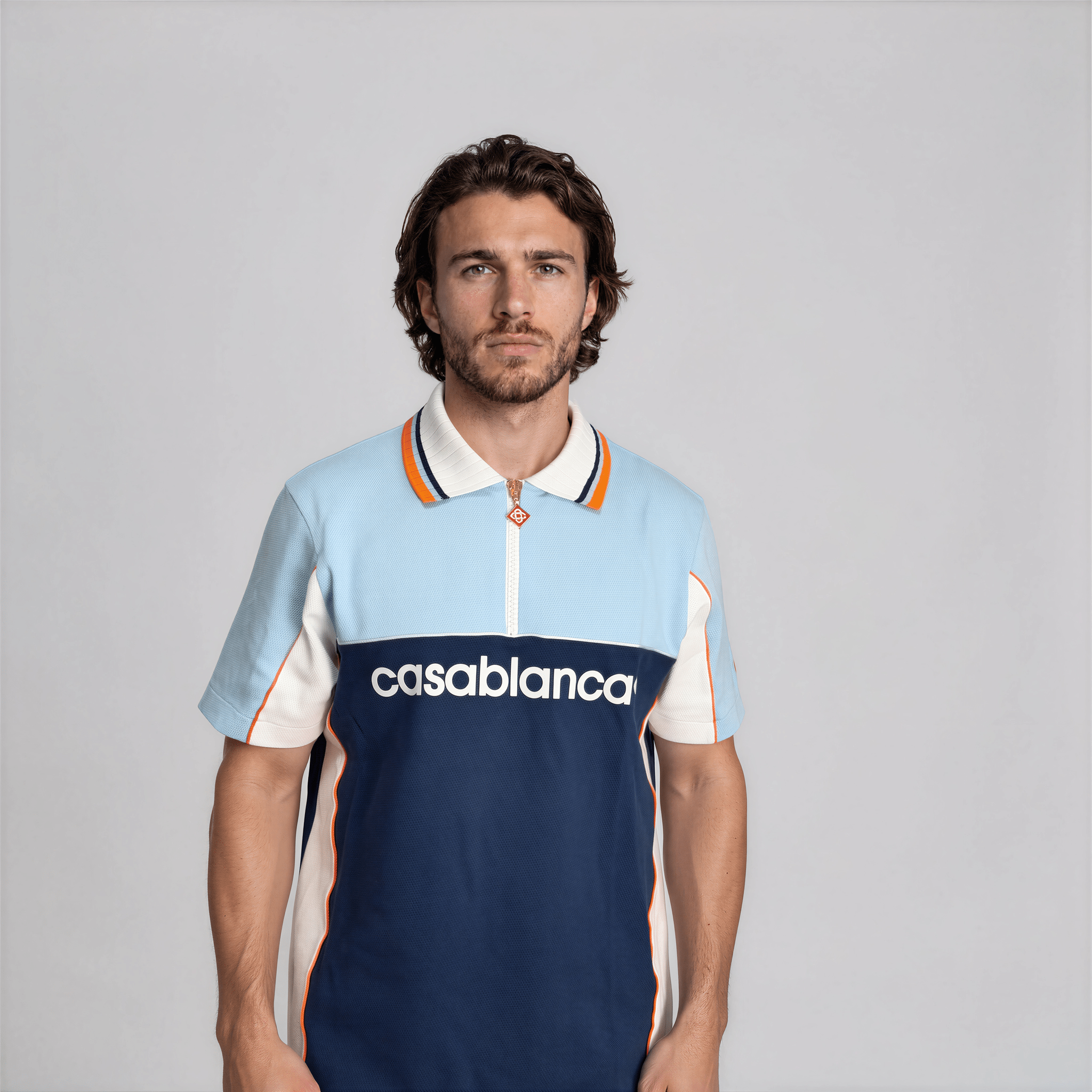 Casablanca Oversized Colour Block Polo Shirt in Pale Blue, White and Navy