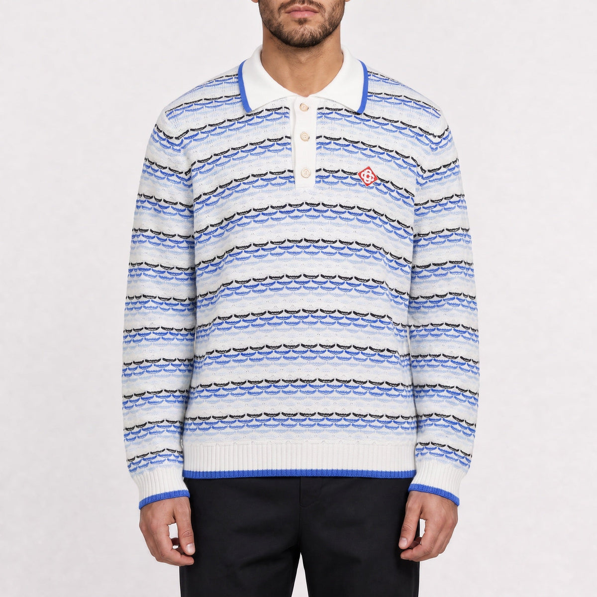 Casablanca Striped Logo-Appliqué Polo Shirt in Blue