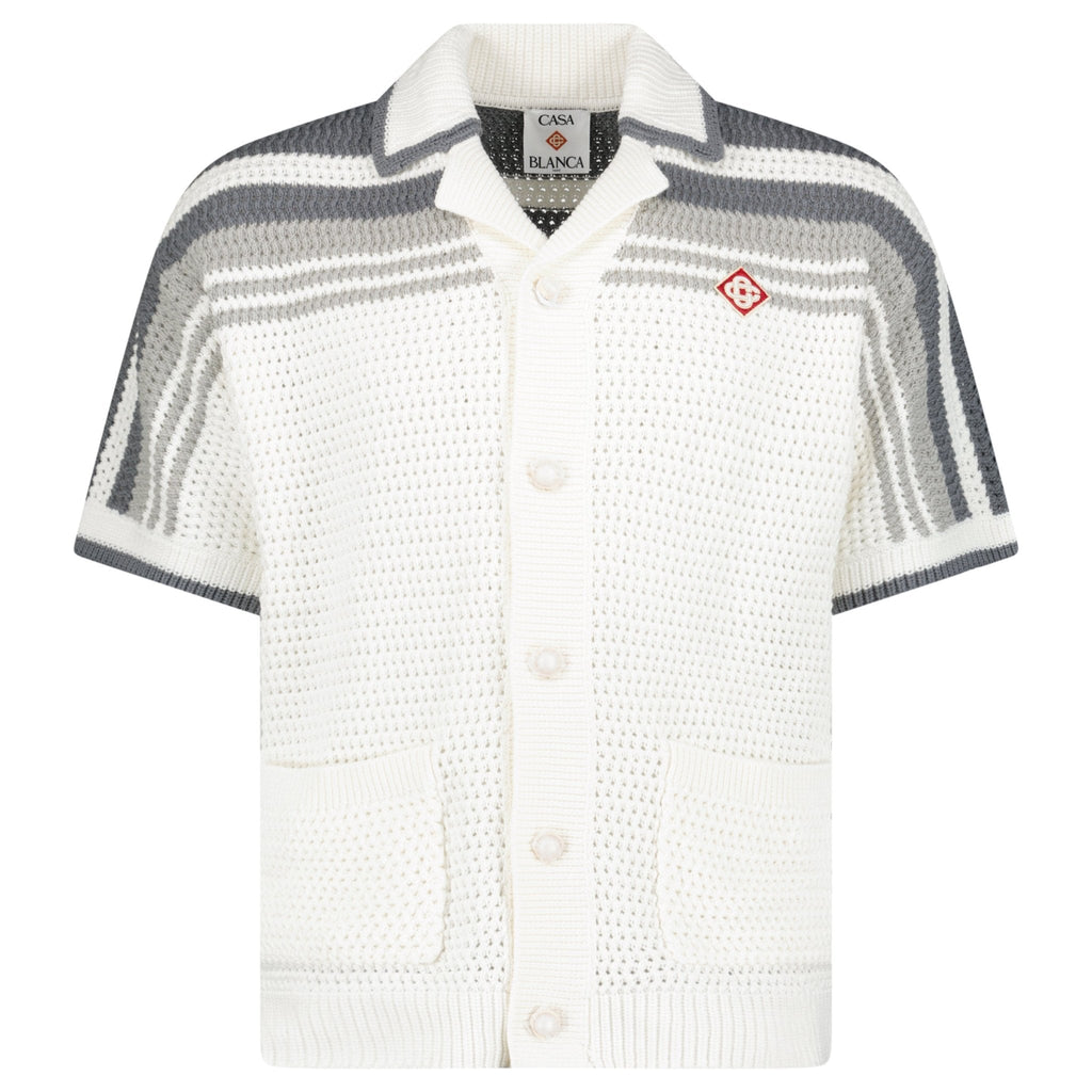 Casablanca Tennis Striped Crochet Short Sleeve Shirt in White/Grey
