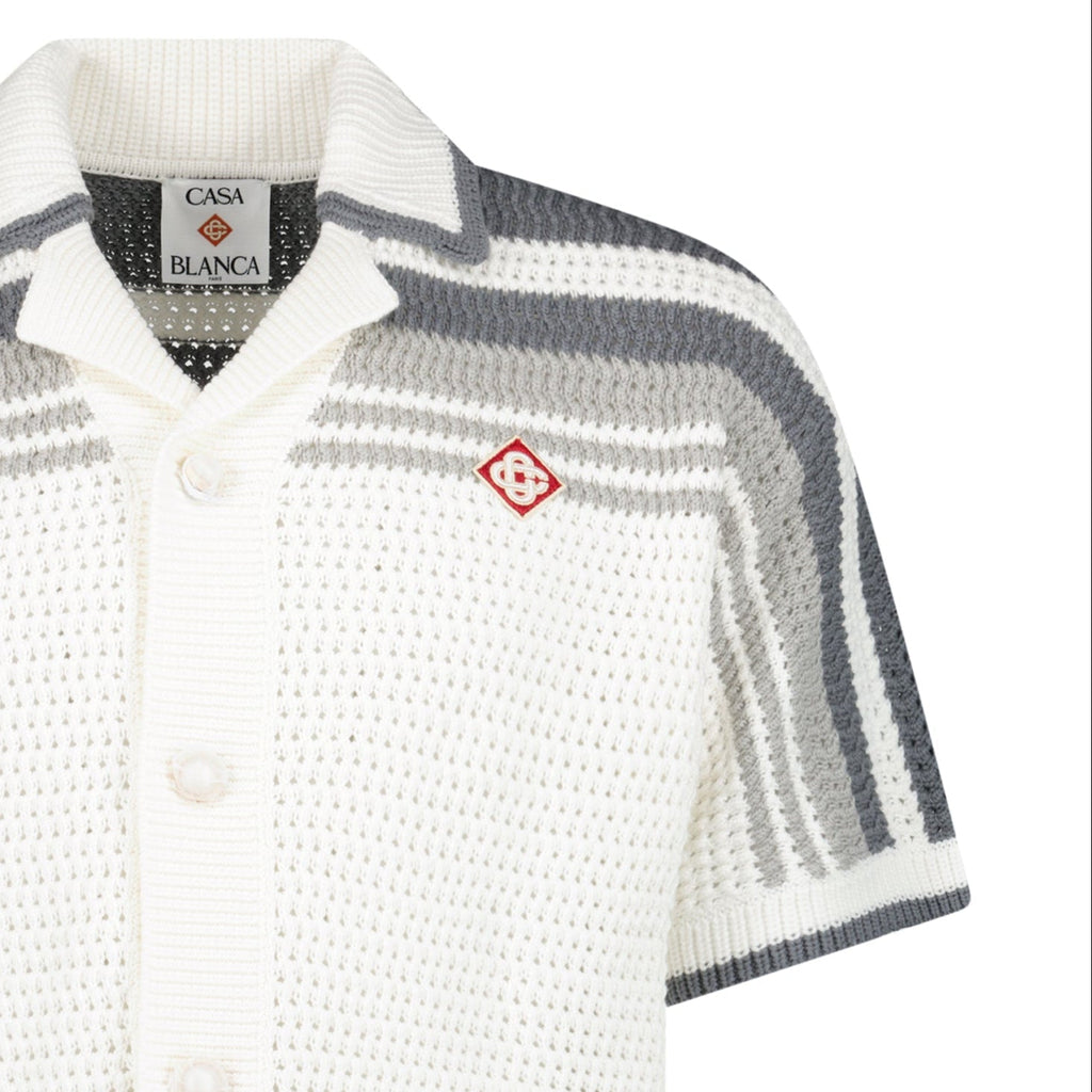 Casablanca Tennis Striped Crochet Short Sleeve Shirt in White/Grey