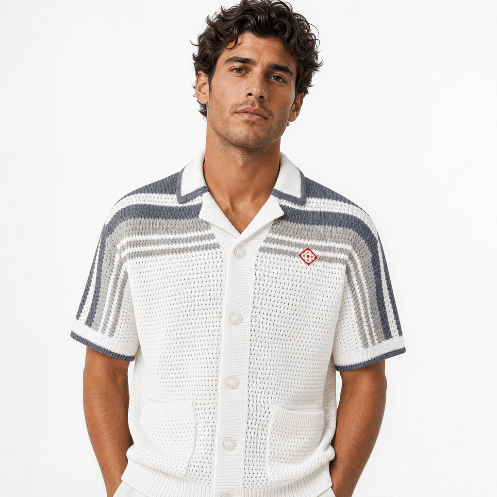 Casablanca Tennis Striped Crochet Short Sleeve Shirt in White/Grey