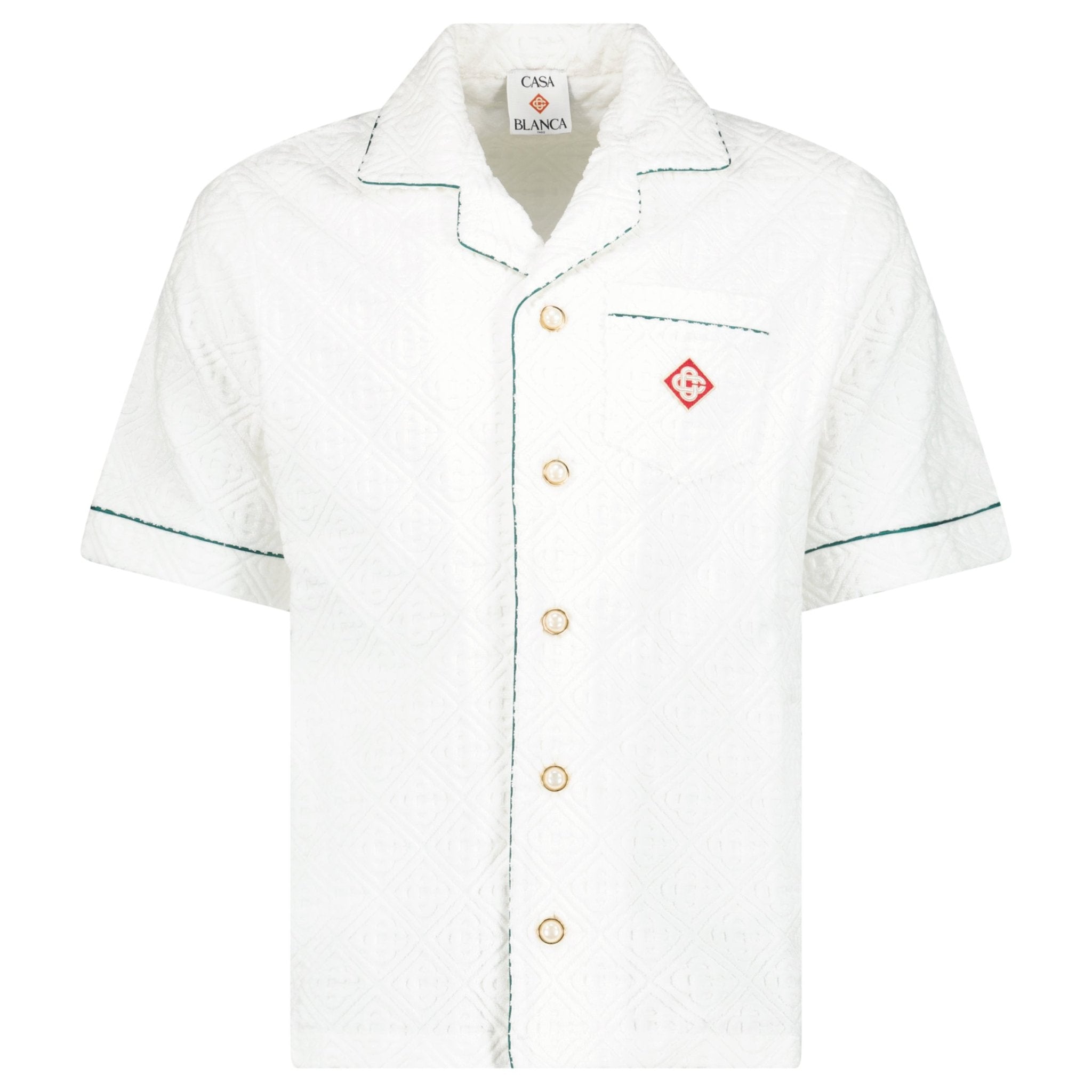 Casablanca White Towelling Monogram Short Sleeve Shirt with Green Piping