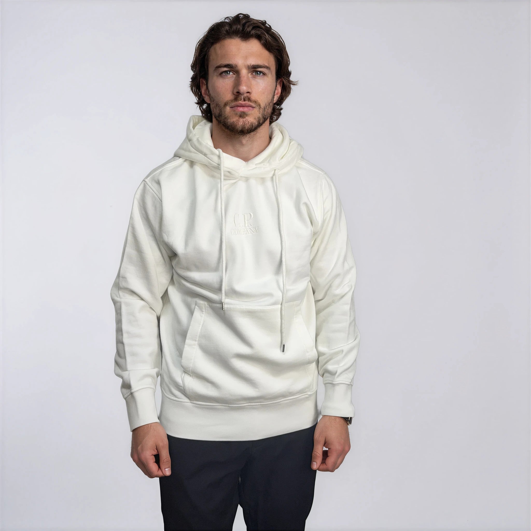 CP Company Brushed Emerised Diagonal Fleece Hoodie in White