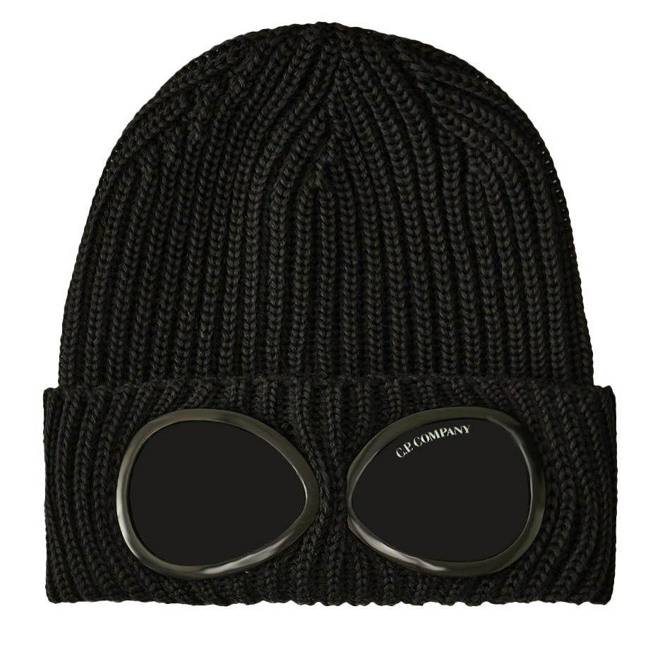 CP Company Goggle Beanie Hat in Extra Fine Merino Wool Black