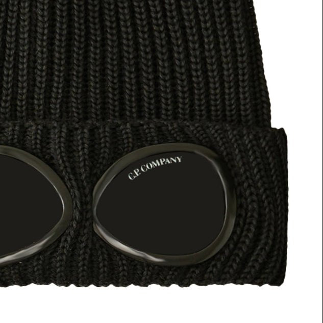 CP Company Goggle Beanie Hat in Extra Fine Merino Wool Black