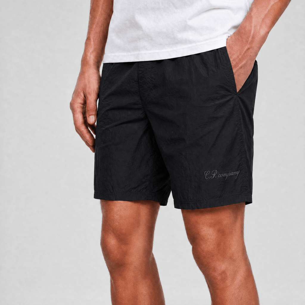 CP Company Eco-Chrome R Logo Embroidery Swim Shorts in Black