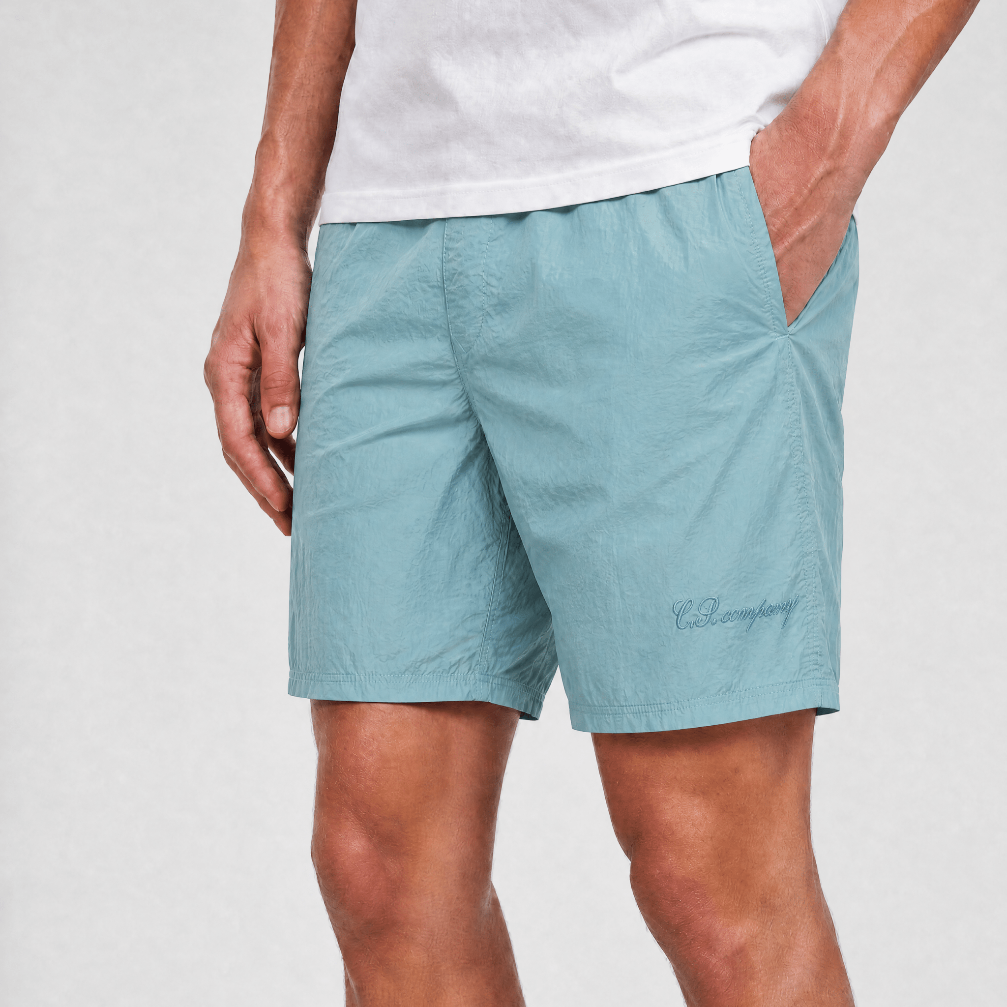 CP Company Eco-Chrome R Logo Embroidery Swim Shorts in Silver Blue
