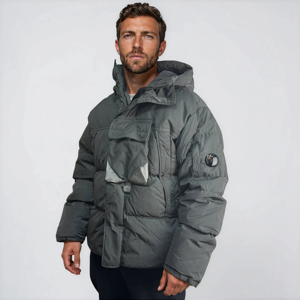 CP Company Eco-Chrome R Mixed Hooded Down Jacket in Dark Shadow