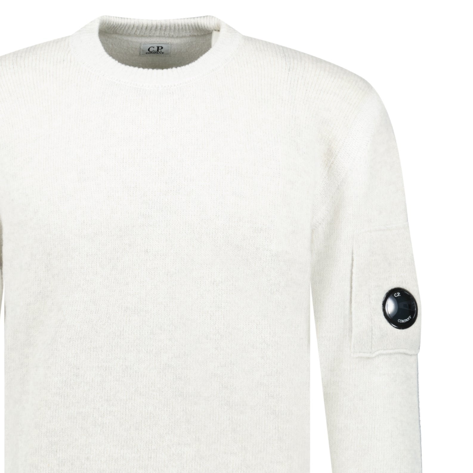 CP Company Fleece Knit Crewneck Vanisé Lens Knit Jumper White Melange