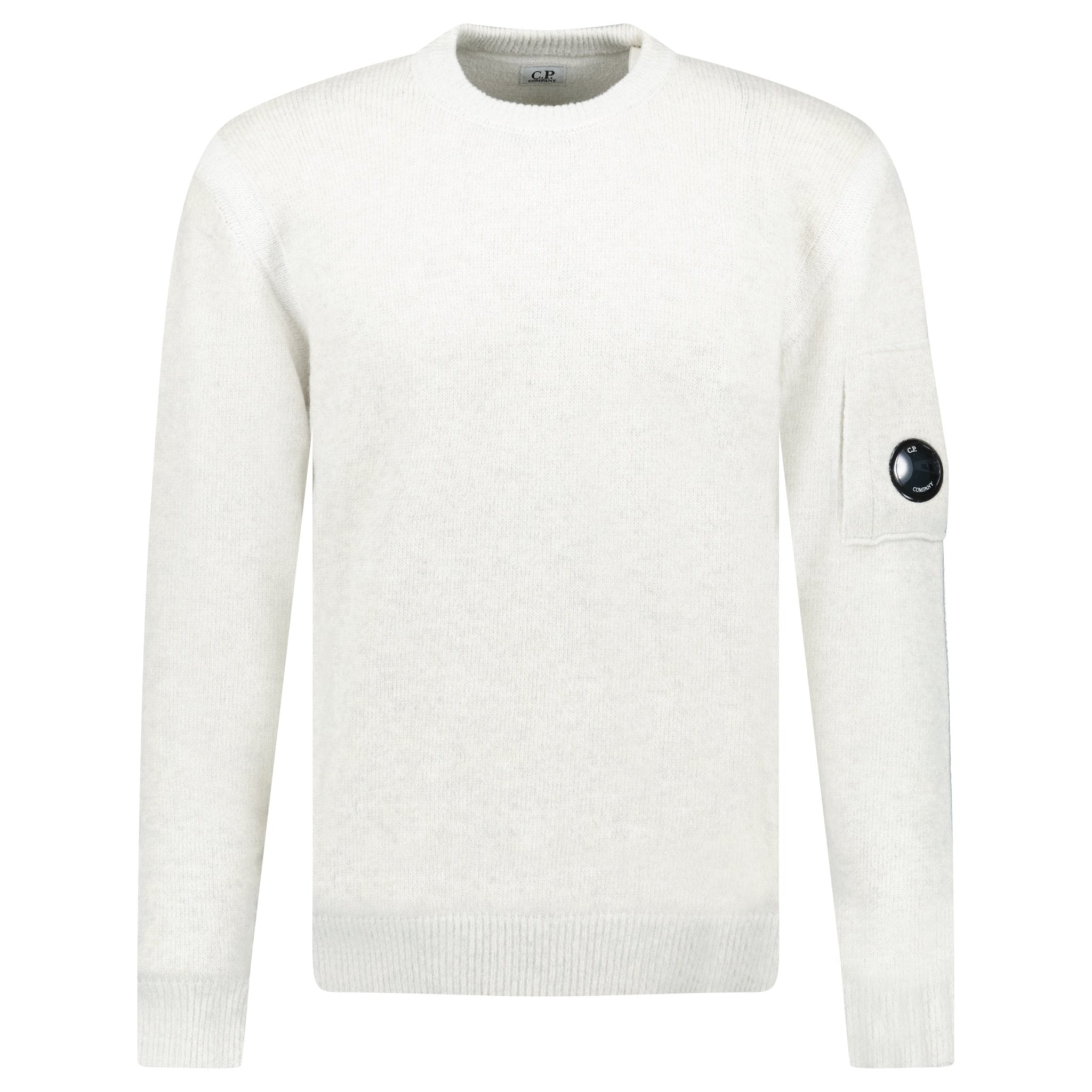 CP Company Fleece Knit Crewneck Vanisé Lens Knit Jumper White Melange