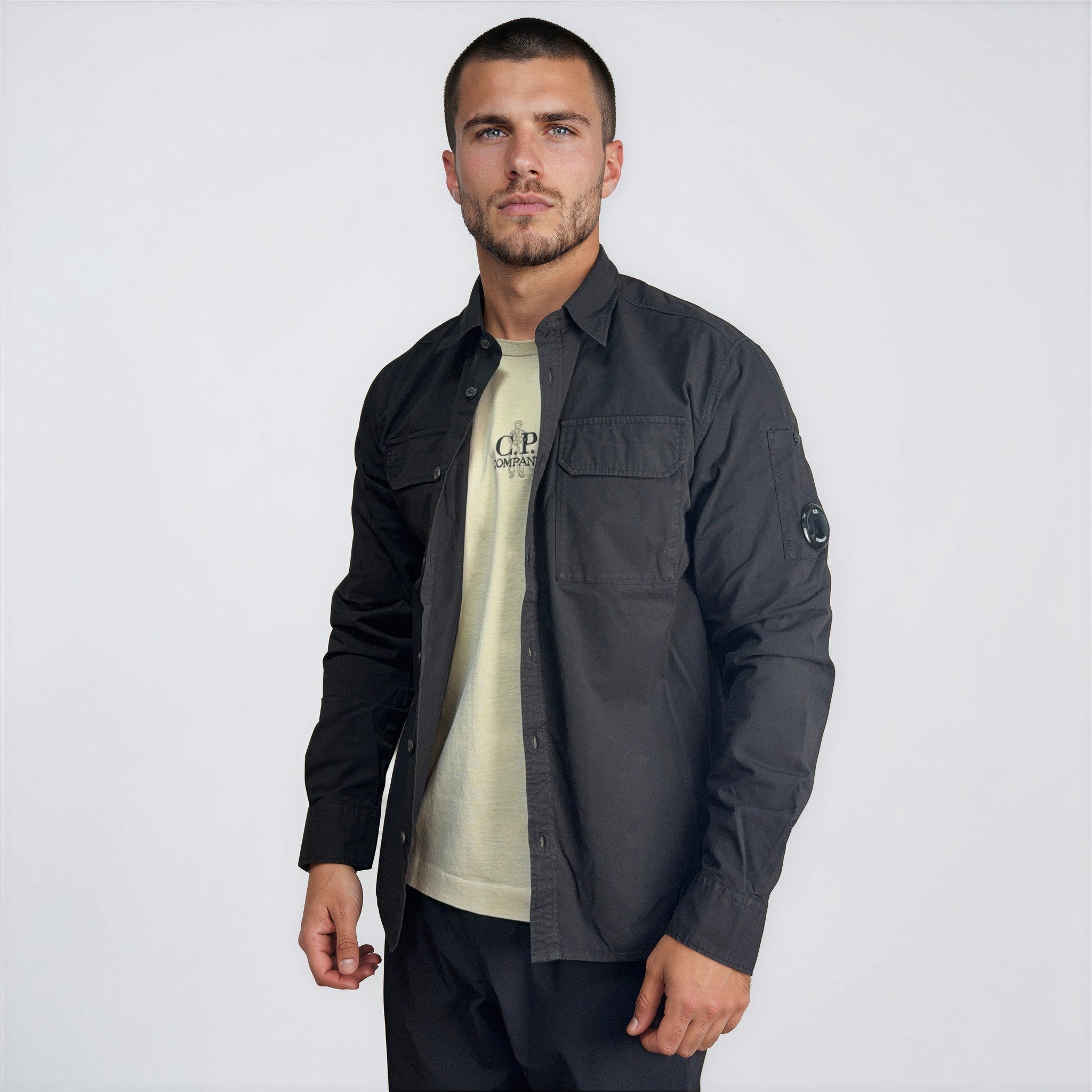 CP Company Organic Gabardine Long Sleeve Lens Overshirt in Black