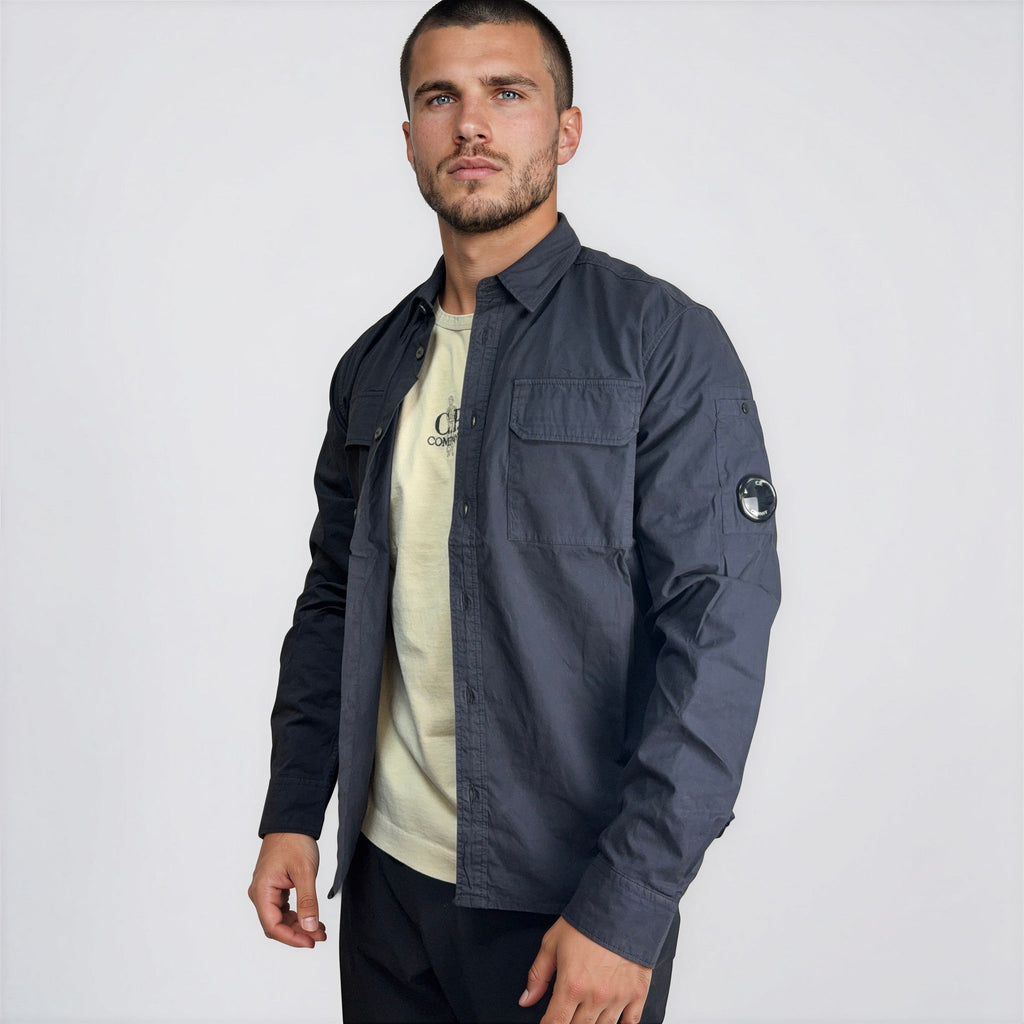CP Company Organic Gabardine Long Sleeve Lens Overshirt in Navy Blue