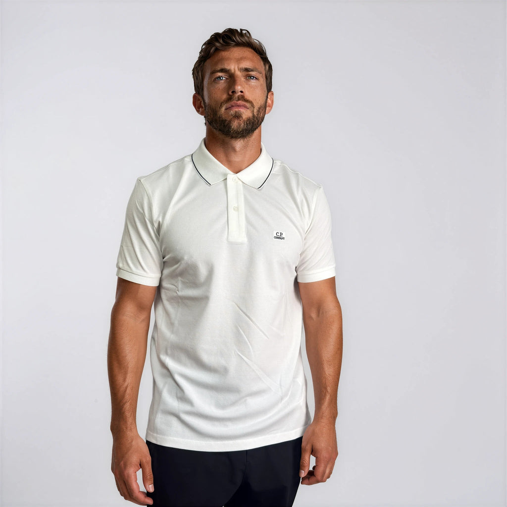 CP Company Stretch Piquet Striped Collar Polo Shirt White
