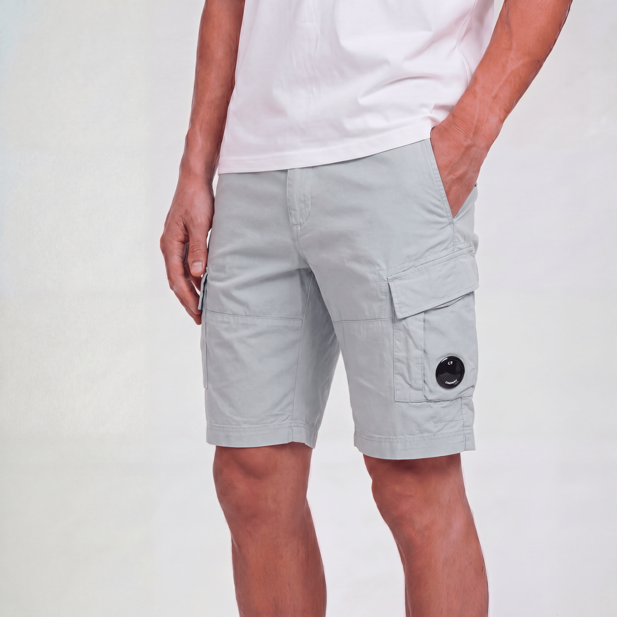 CP Company Stretch Sateen Cargo Lens Shorts in Blue Fox