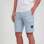 CP Company Stretch Sateen Cargo Lens Shorts in Silver Blue