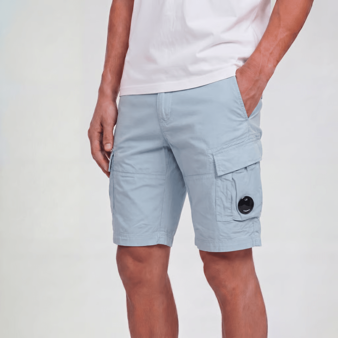 CP Company Stretch Sateen Cargo Lens Shorts in Silver Blue