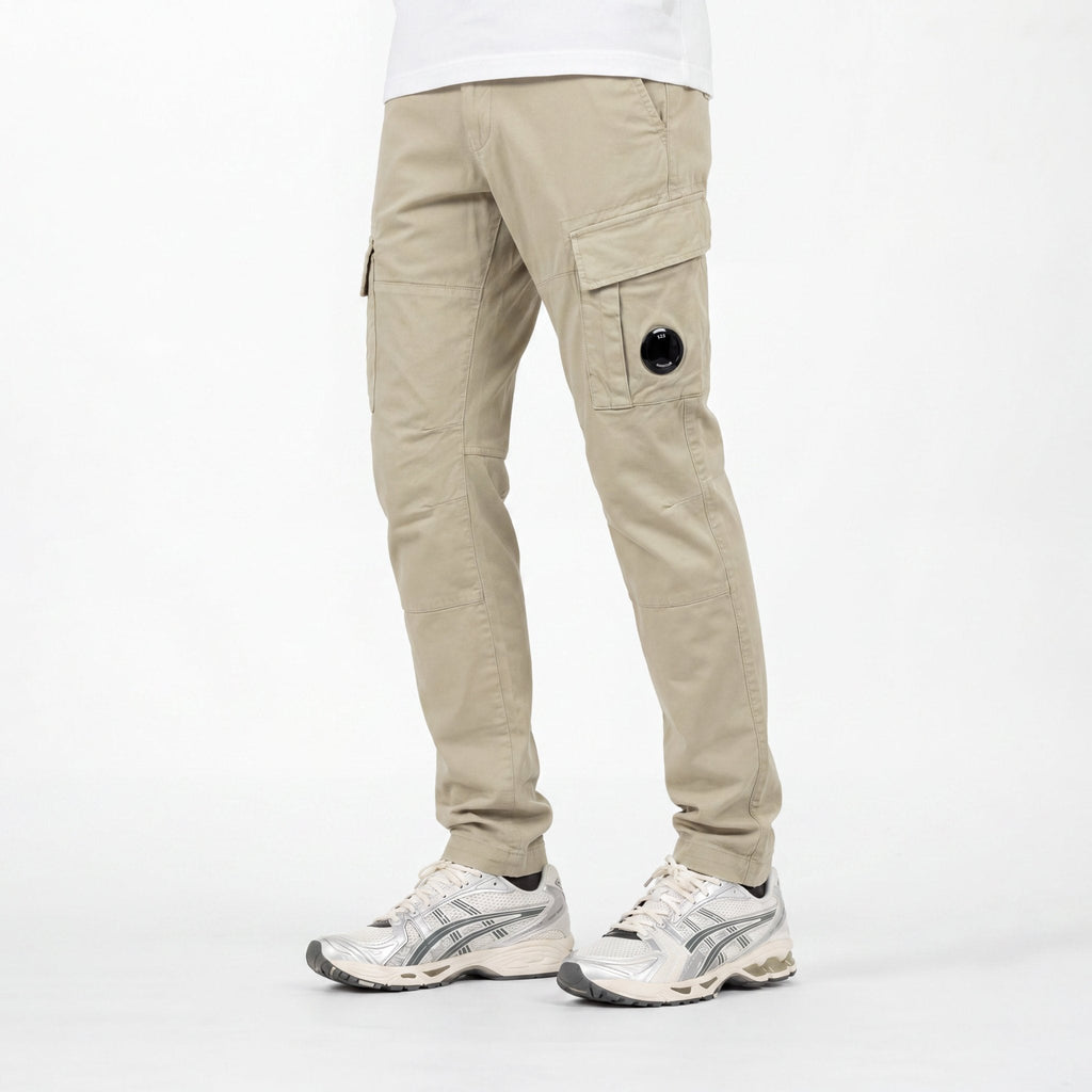 CP Company Stretch Sateen Ergonomic Lens Double Cargo Pants in Vintage Khaki