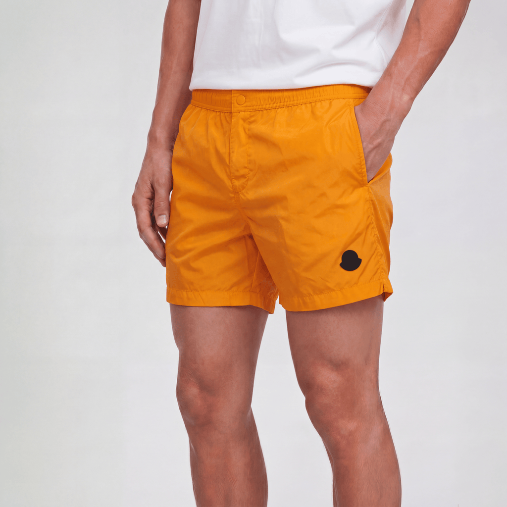 Moncler Black Logo Nylon Swim Shorts in Orange