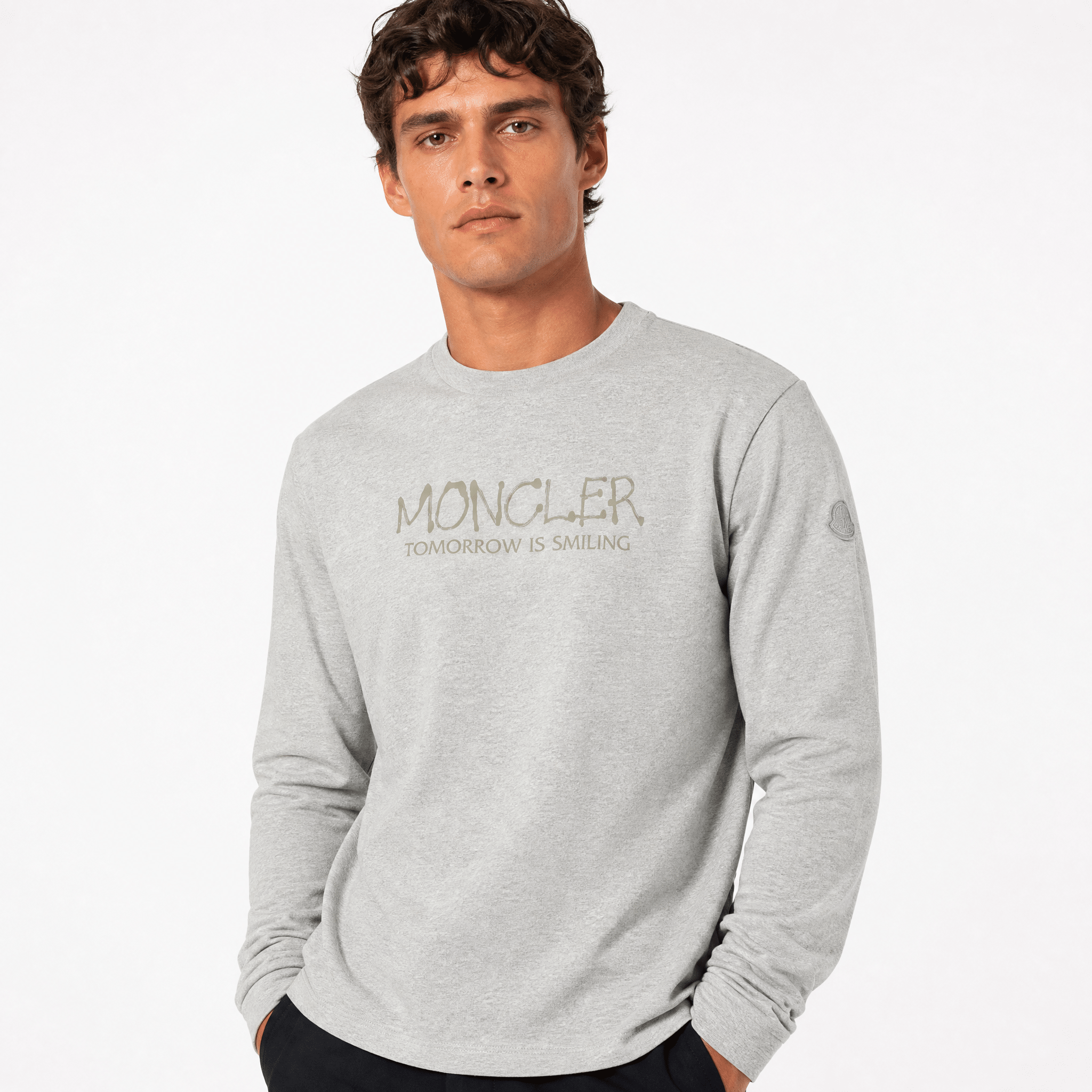 Moncler Khaki 'Tomorrow is Smiling' Print Long Sleeve T-Shirt in Grey