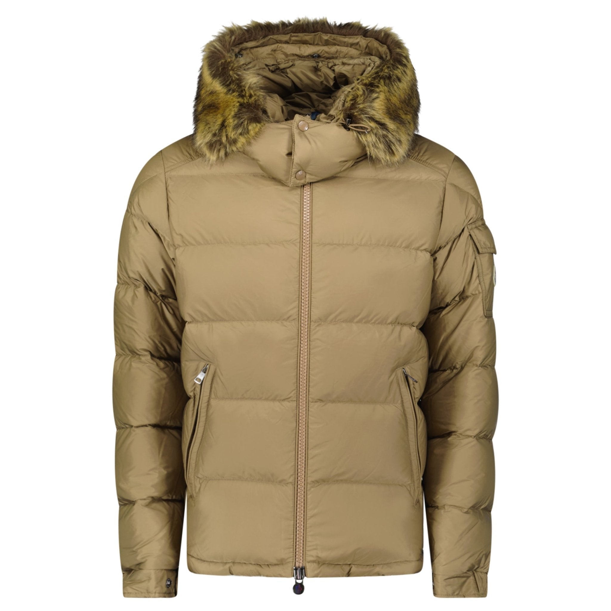 Moncler Maya Down Hooded Short Puffer Jacket in Beige