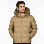 Moncler Maya Down Hooded Short Puffer Jacket in Beige