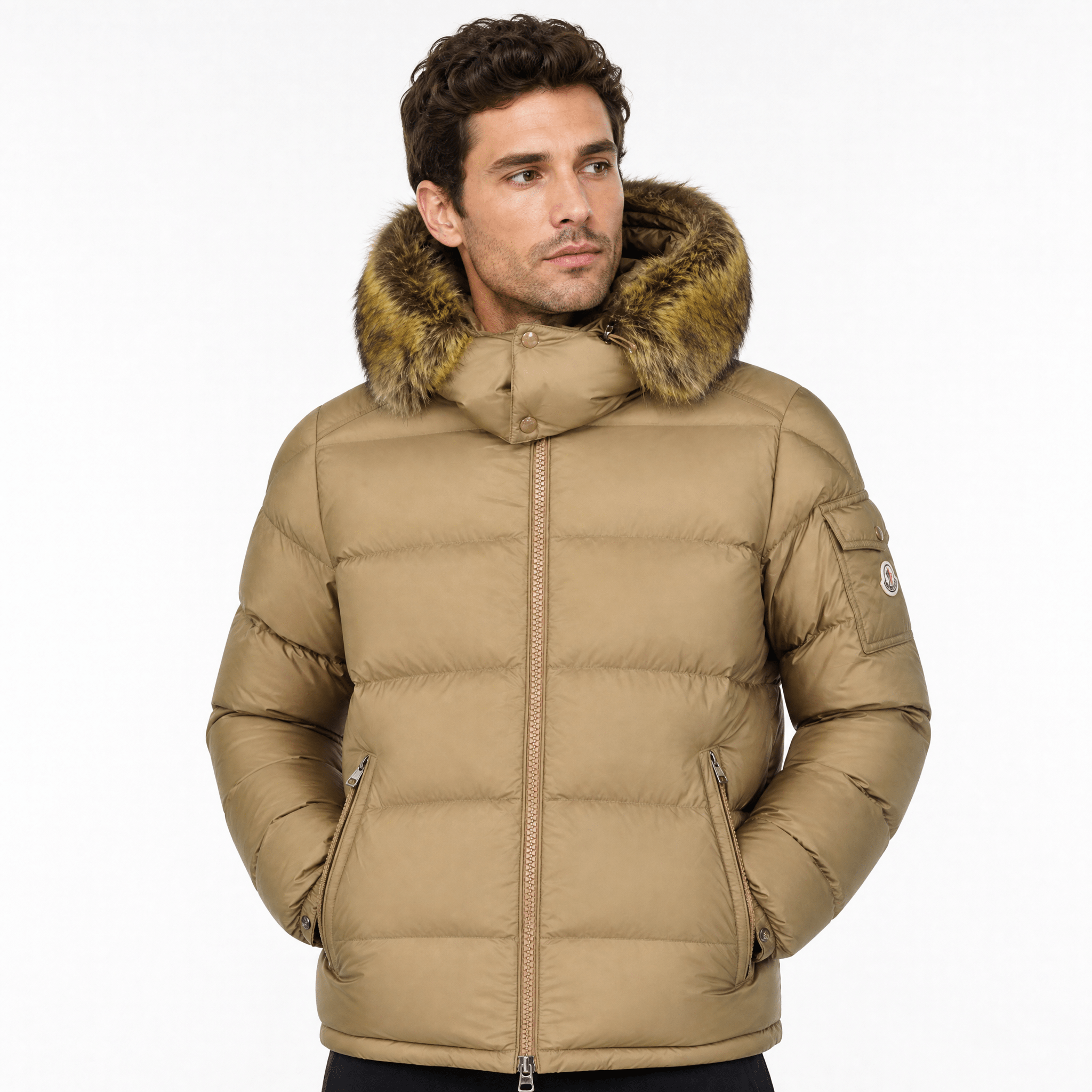 Moncler Maya Down Hooded Short Puffer Jacket in Beige