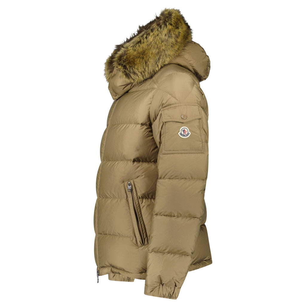 Moncler Maya Down Hooded Short Puffer Jacket in Beige