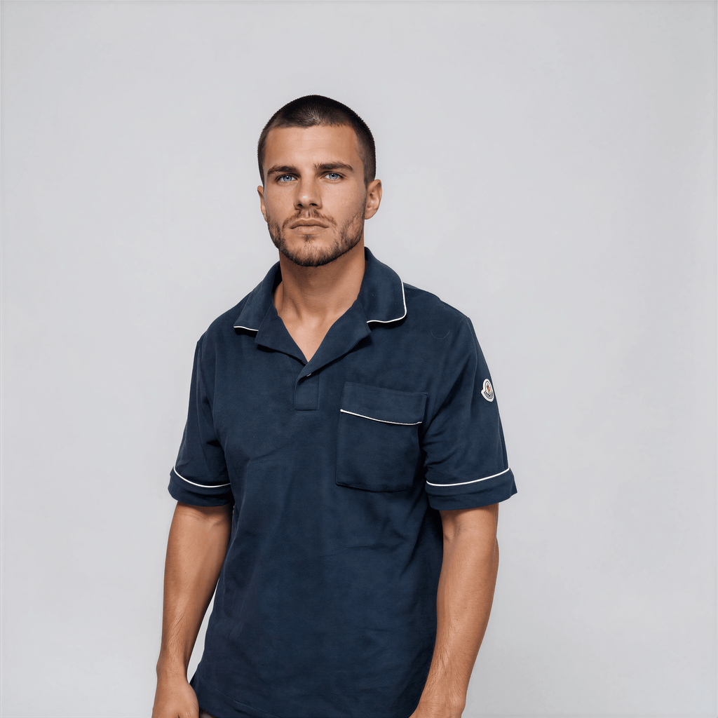 Moncler Towelling Short Sleeve Polo Shirt in Navy