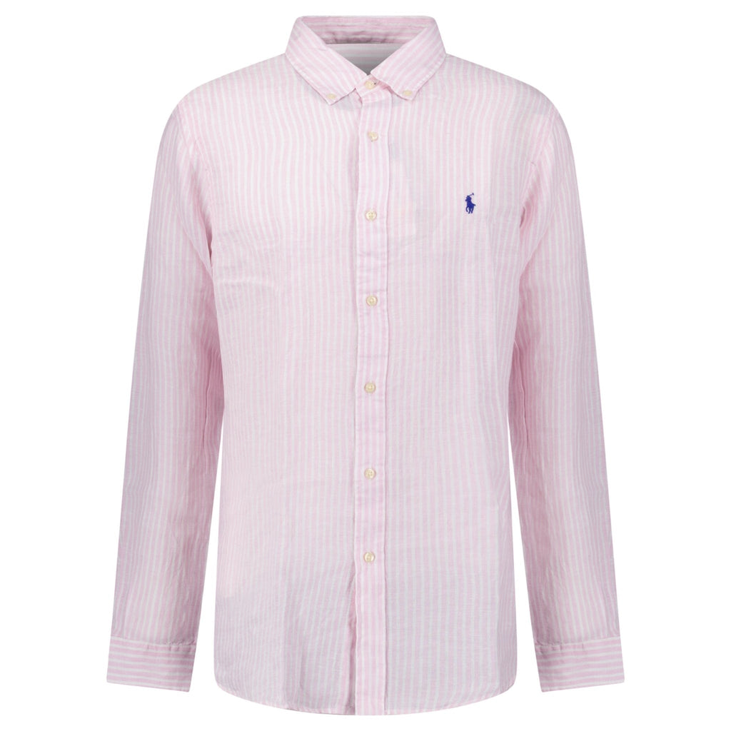 Polo Ralph Lauren Custom Fit Stripe Linen Shirt in Pink/White