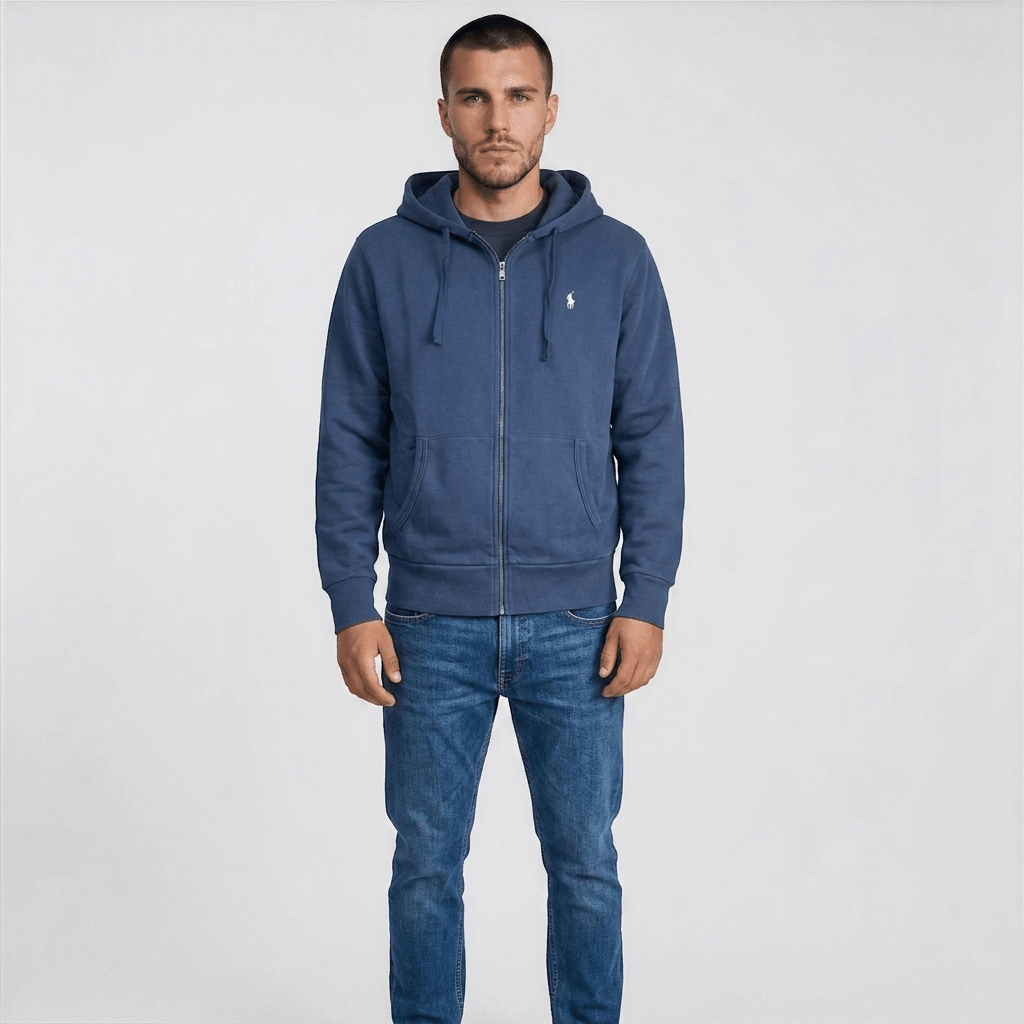 Ralph Lauren Logo-Embroidered Zip-Up Hoodie in Dark Blue