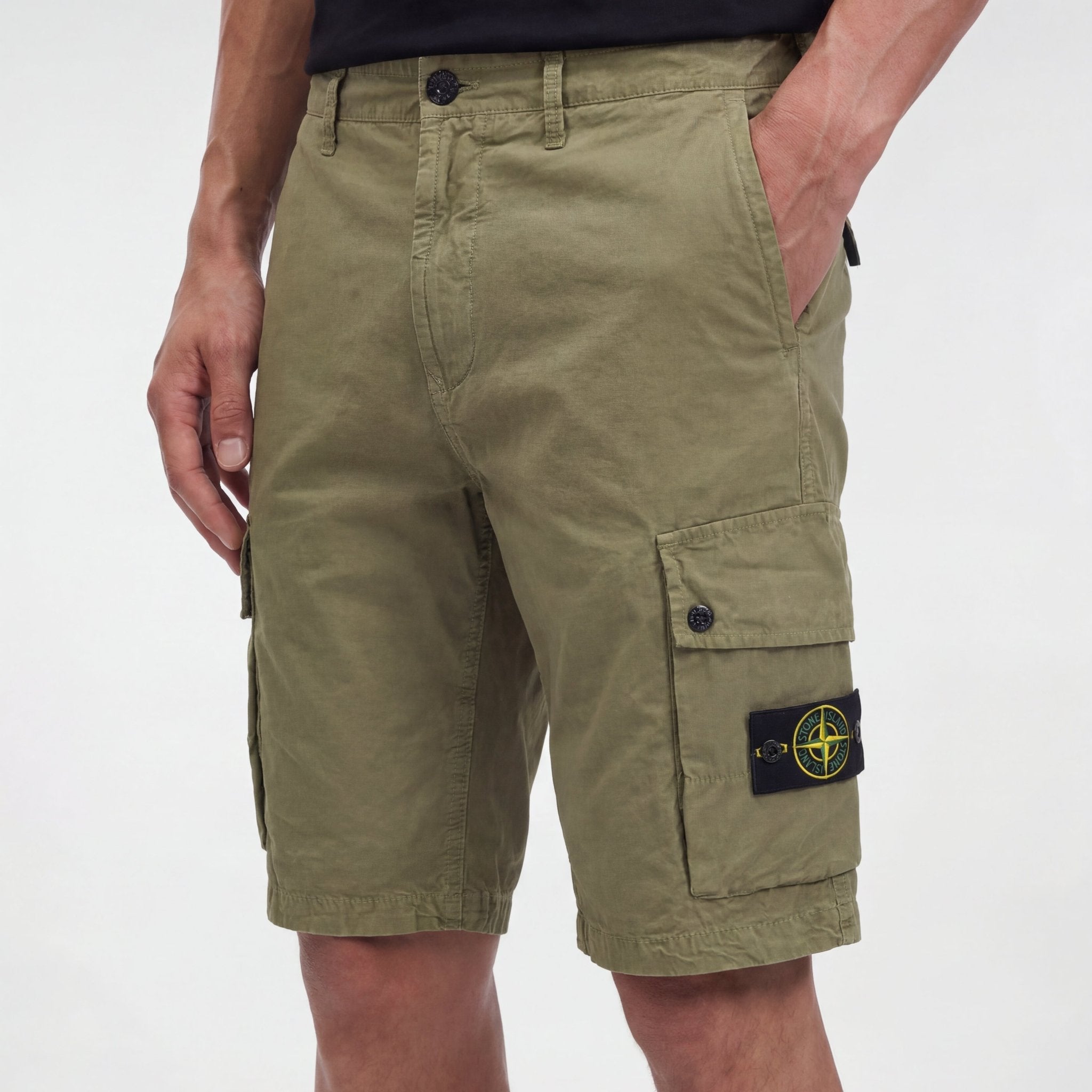 Stone Island Brushed Organic Cotton Canvas ‘OLD’ Effect Cargo Shorts in Military Green