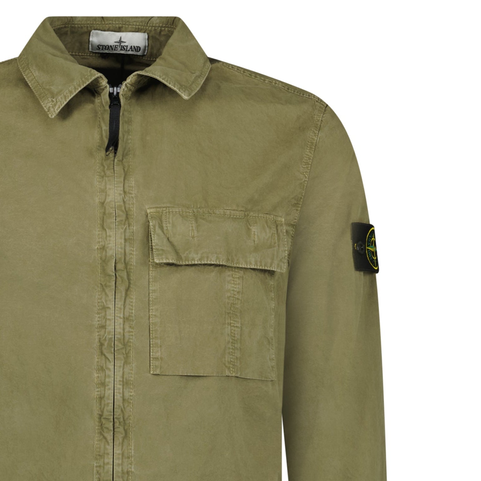 Stone Island Brushed Organic Cotton Canvas ‘OLD’ Effect Overshirt in Military Green