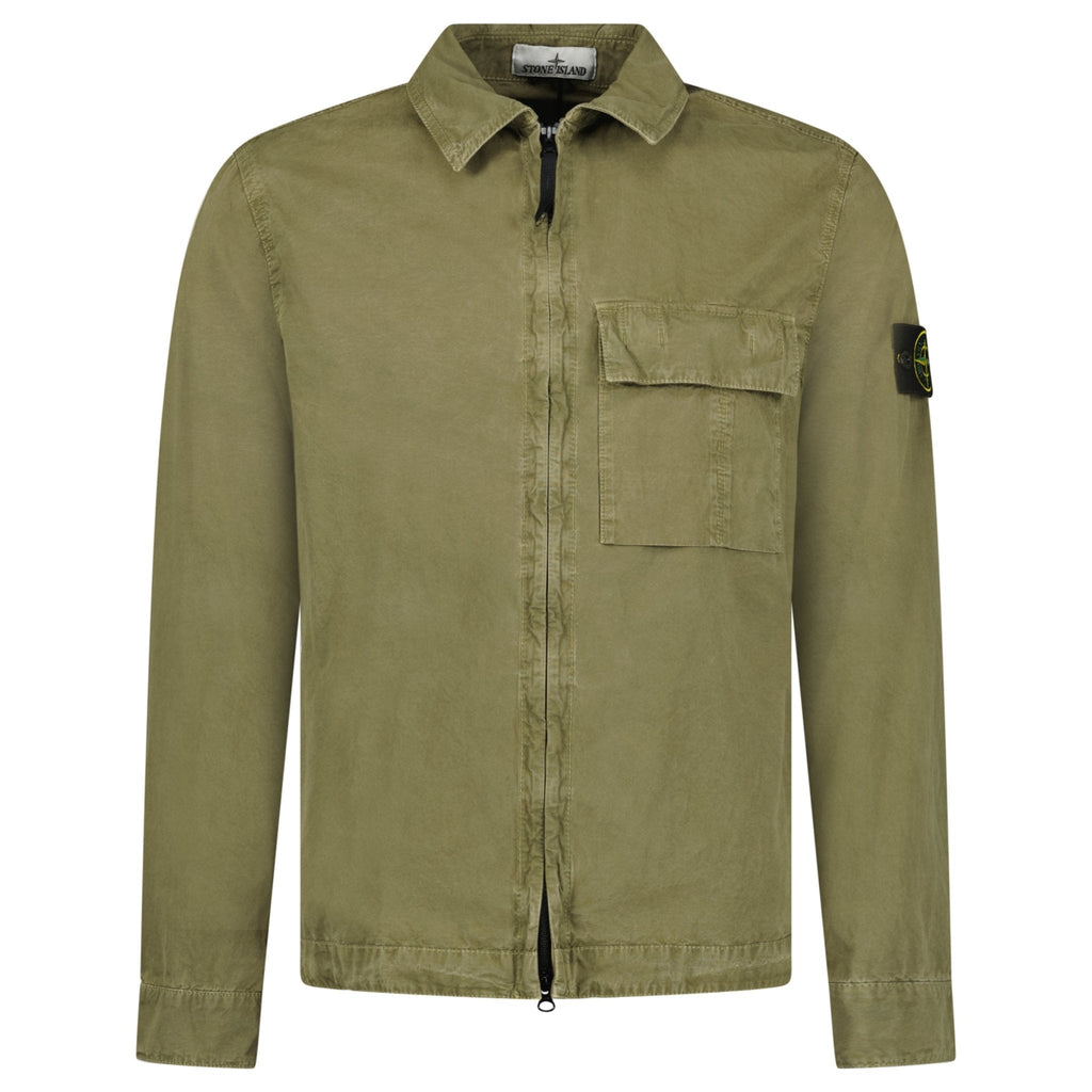 Stone Island Brushed Organic Cotton Canvas ‘OLD’ Effect Overshirt in Military Green