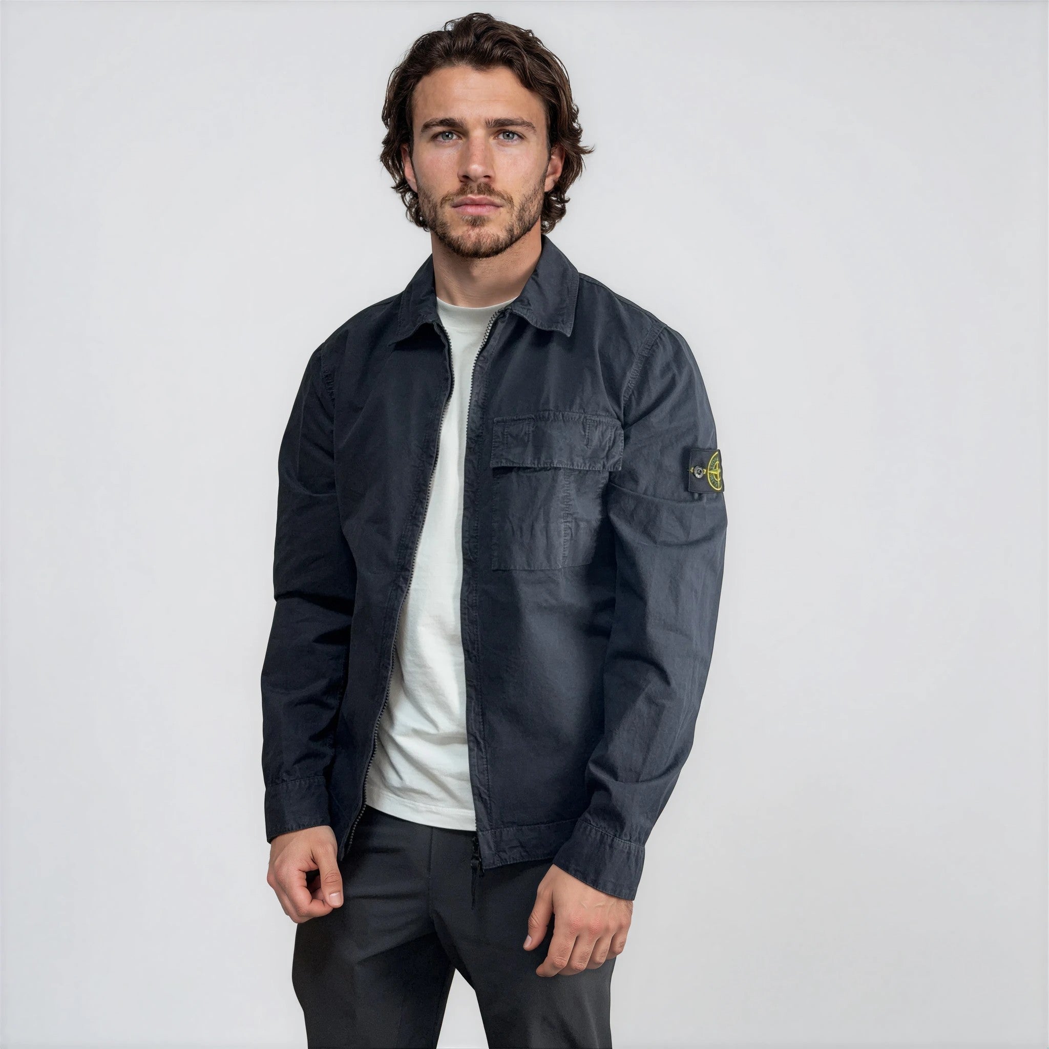 Stone Island Brushed Organic Cotton Canvas ‘OLD’ Effect Overshirt in Navy