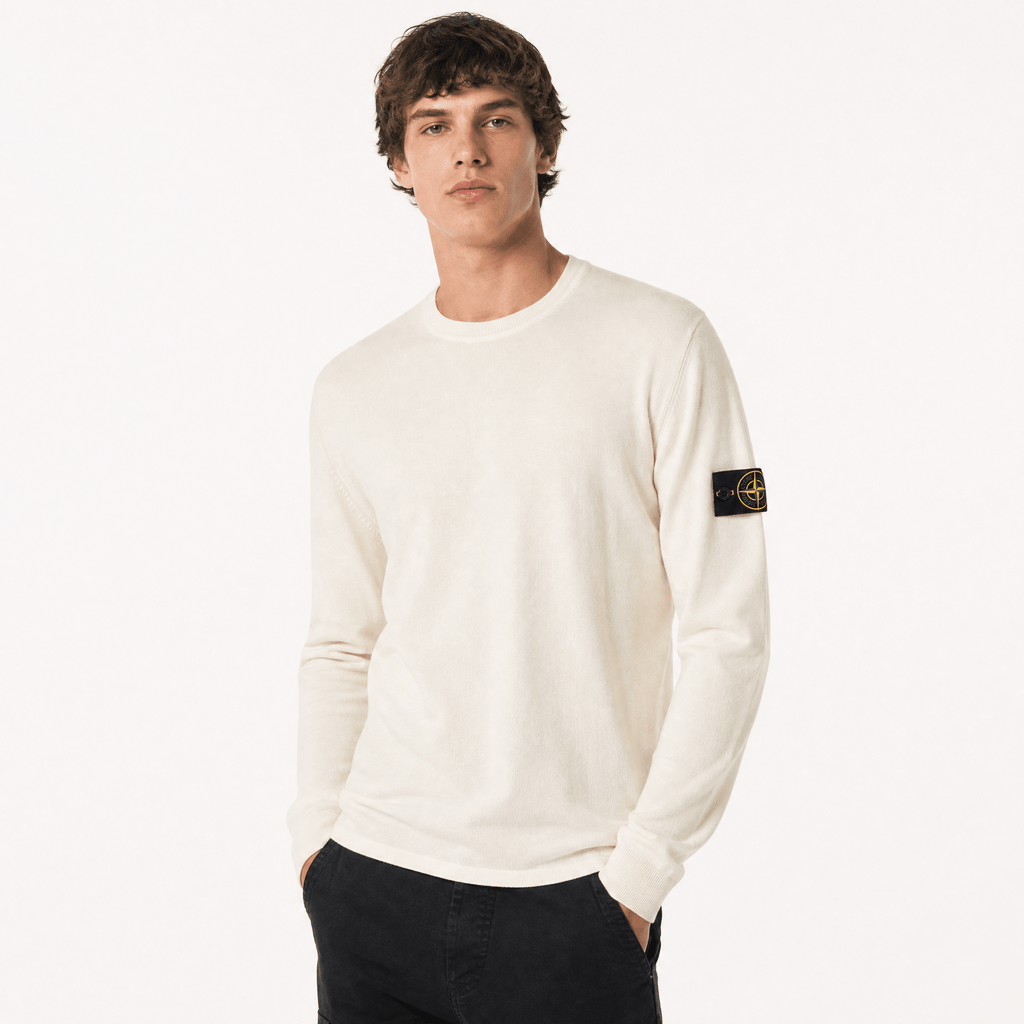 Stone Island Compass Badge Light Raw Hand Organic Cotton Jumper in Ivory
