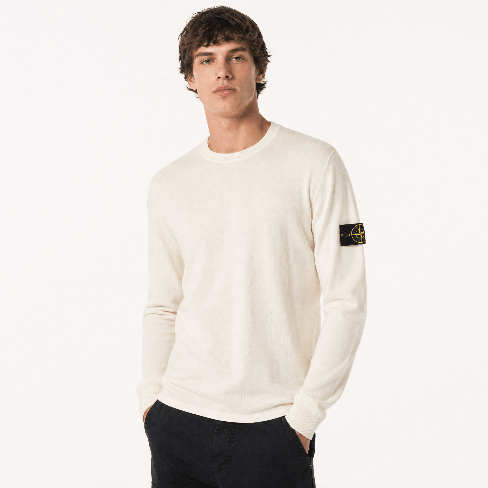 Stone Island Compass Badge Light Raw Hand Organic Cotton Jumper in Ivory