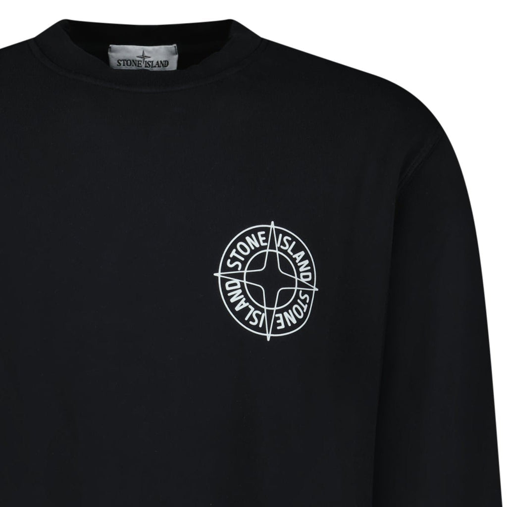 Stone Island Compass Print Cotton Fleece Crewneck Sweatshirt in Black