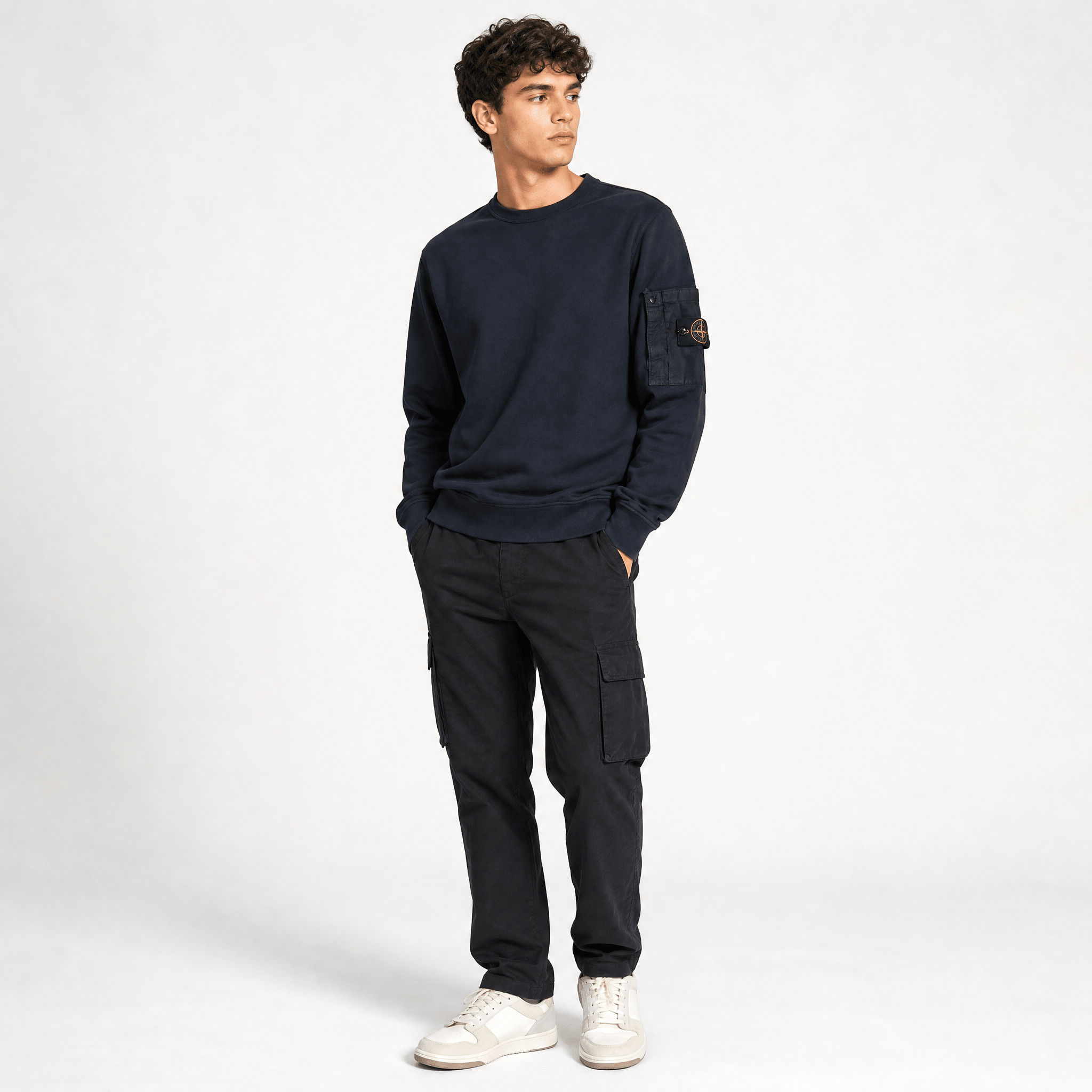 Stone Island Cotton Fleece Pocket Crewneck Sweatshirt in Navy