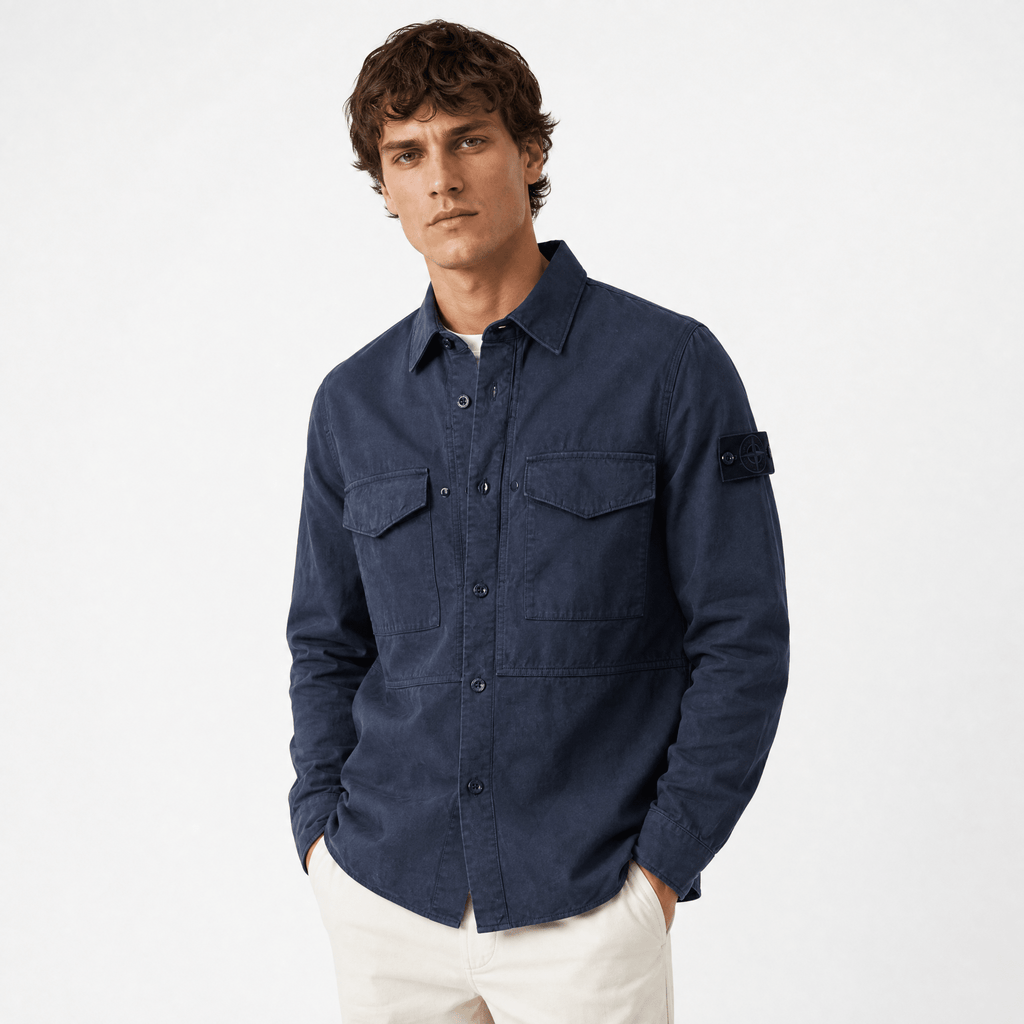 Stone Island Cotton Linen Canvas S.I. Ghost Overshirt in Navy