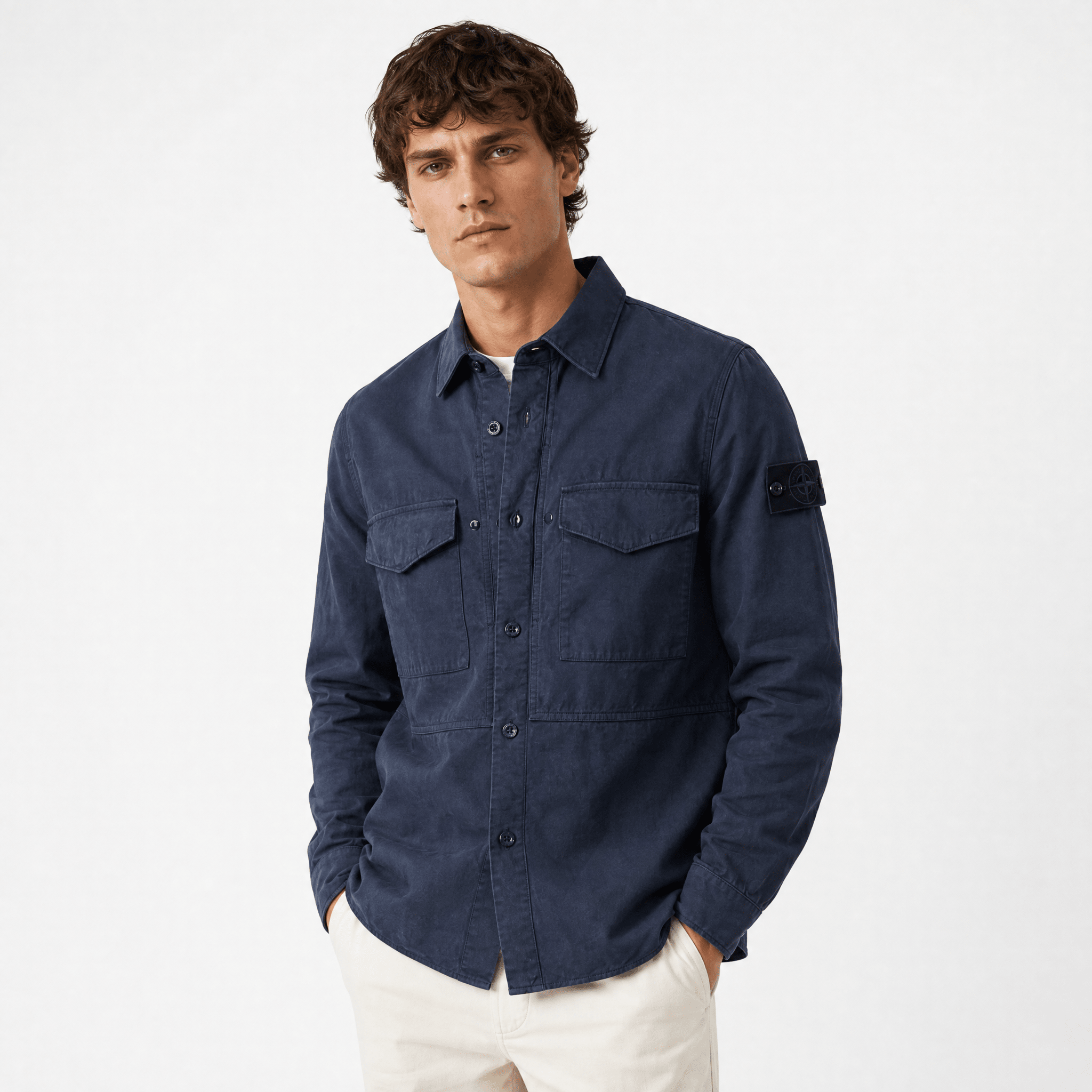 Stone Island Cotton Linen Canvas S.I. Ghost Overshirt in Navy