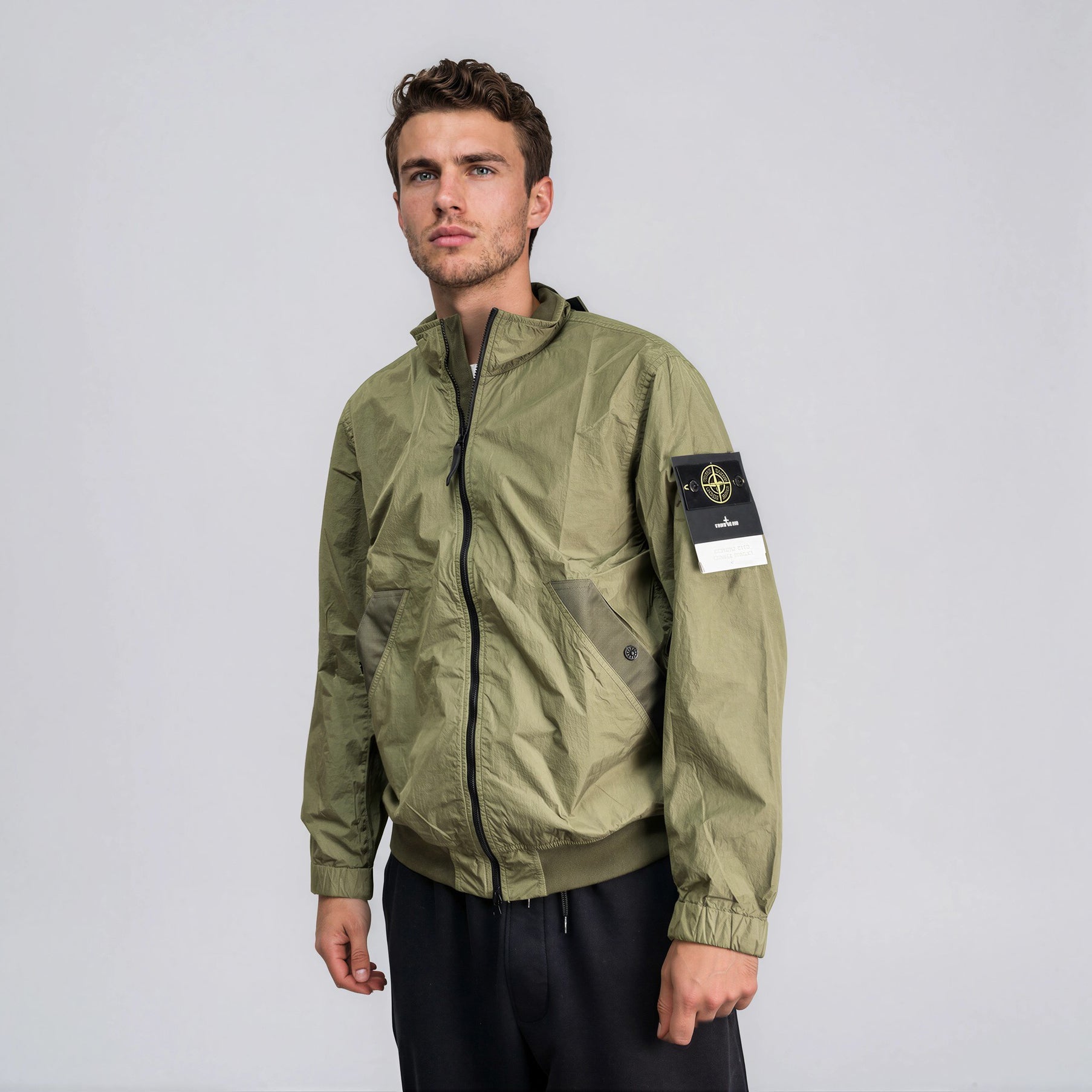 Stone Island Crinkle Reps NY Stand Collar Jacket in Military Green