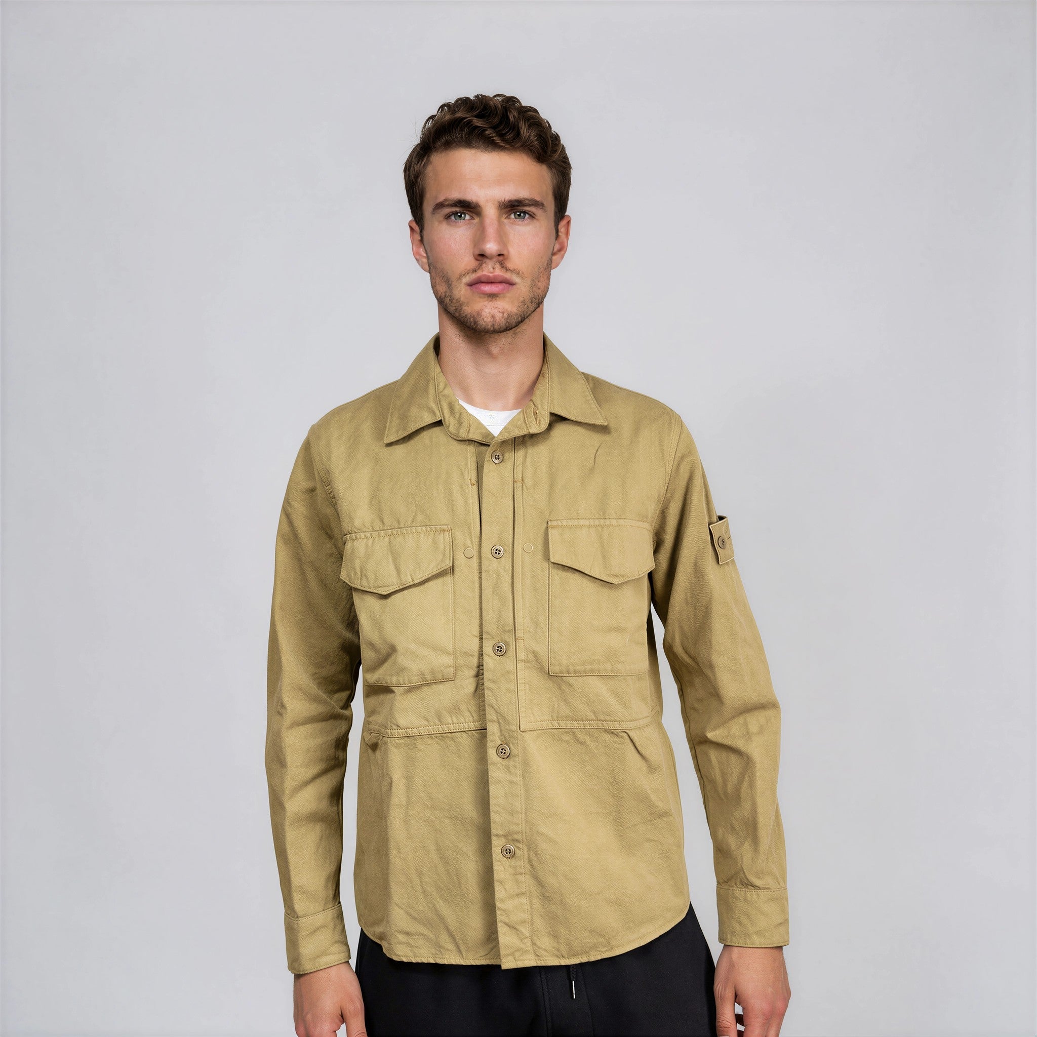 Stone Island Ghost Cotton Linen Canvas Overshirt in Dark Beige