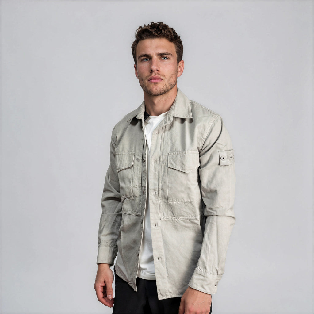 Stone Island Ghost Cotton Linen Canvas Overshirt in Dust Grey