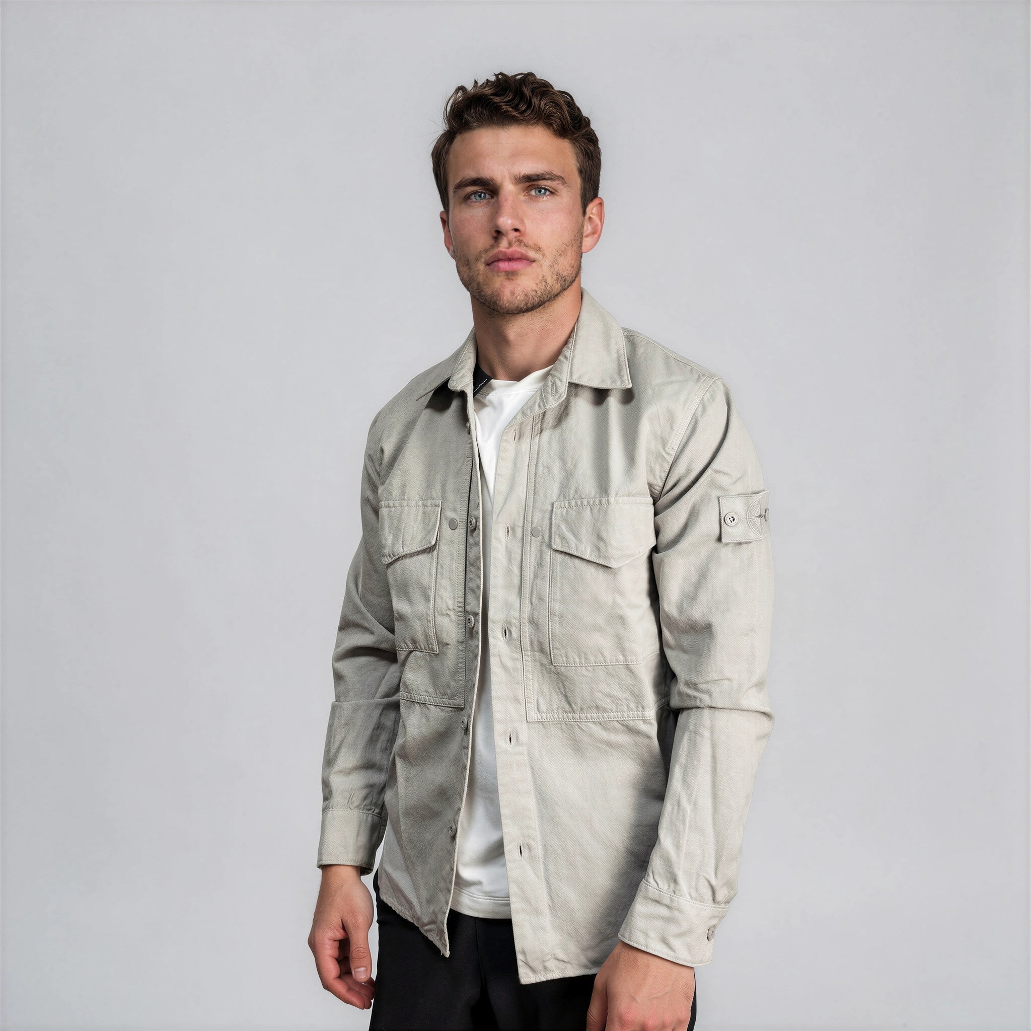 Stone Island Ghost Cotton Linen Canvas Overshirt in Dust Grey